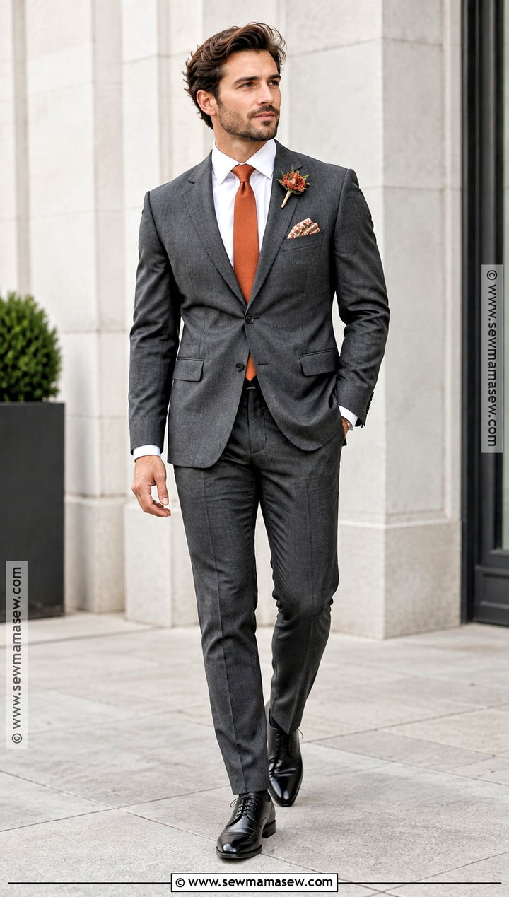 Charcoal Suit With Burnt Orange Accessories - 15 fall groom attire burnt orange ideas