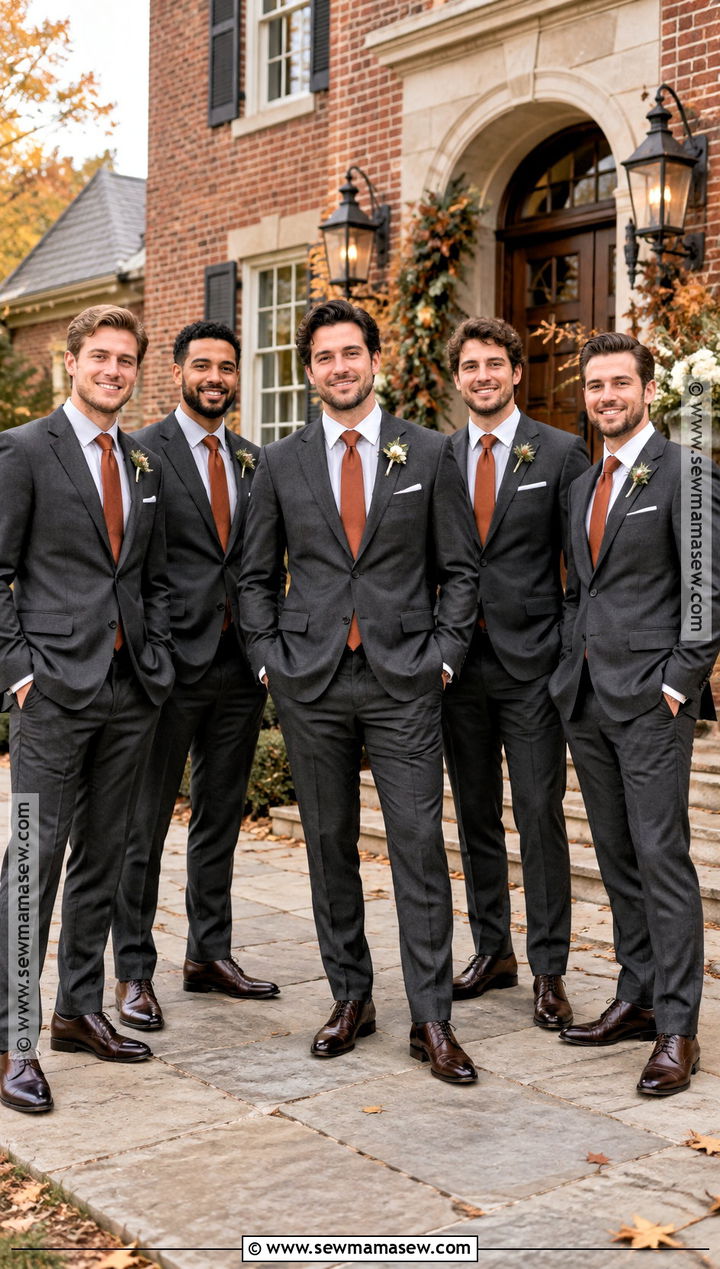 Charcoal Suit With Burnt Orange Tie Groomsmen Attire - 15 groomsmen fall attire ideas