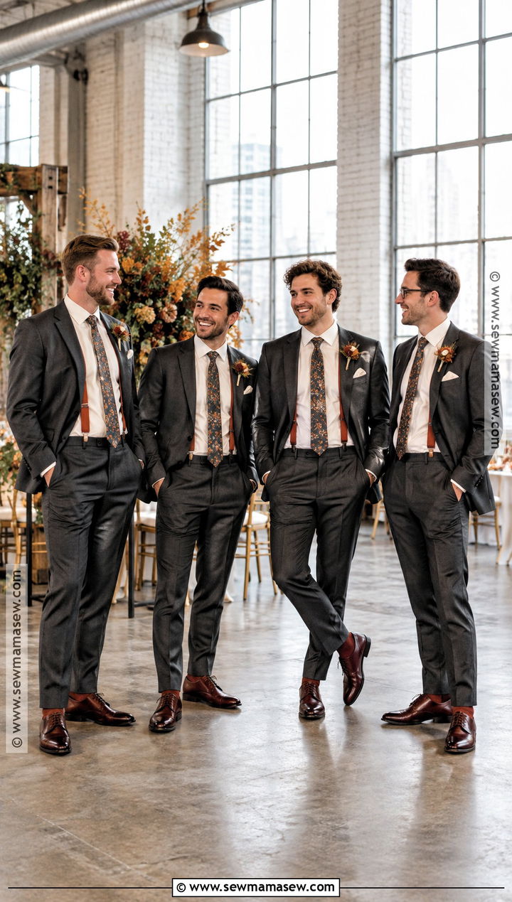 Charcoal Suit With Rust Suspenders - 15 fall groomsmen attire suspenders ideas