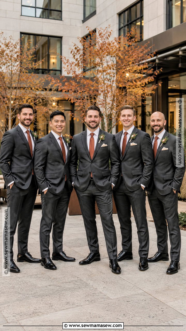 Charcoal Suit With Rust Tie - 20 groomsmen fall wedding attire ideas