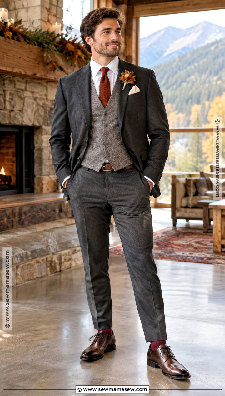 Charcoal Suit With Rust Tie Fall Groom Attire - 15 fall groom attire rustic ideas