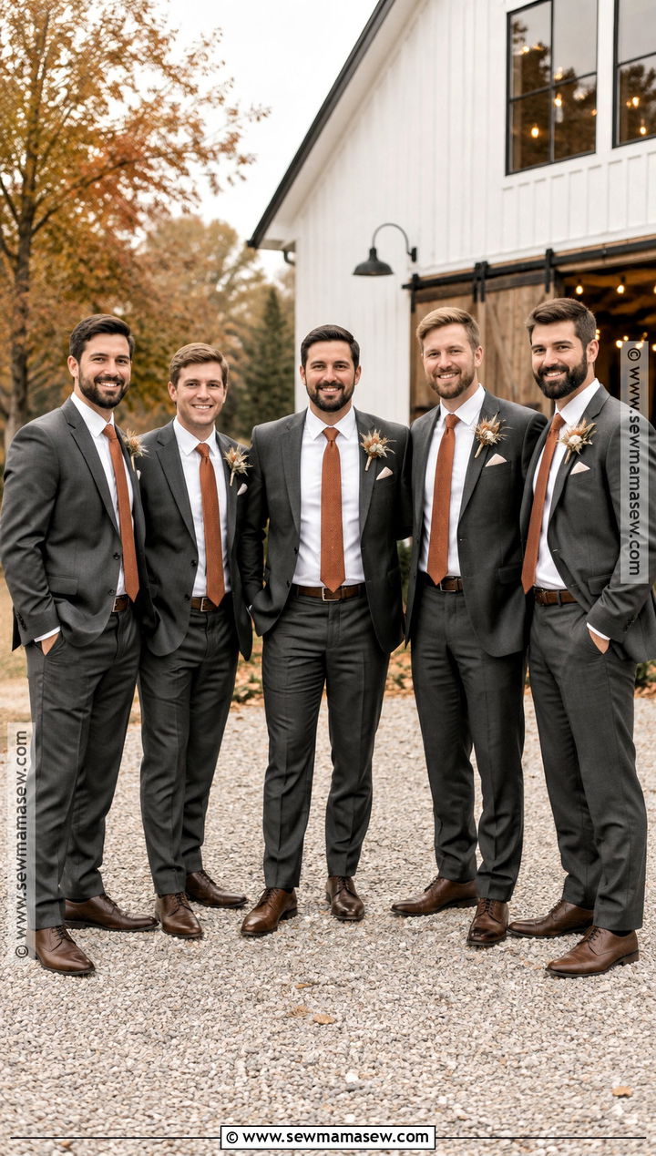 Charcoal Suit With Rust Tie Groomsmen Attire - 15 groomsmen attire fall color combos