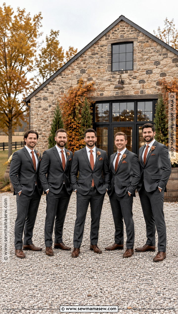 Charcoal Suit With Rust Tie Groomsmen Attire - 15 country fall wedding groomsmen attire ideas