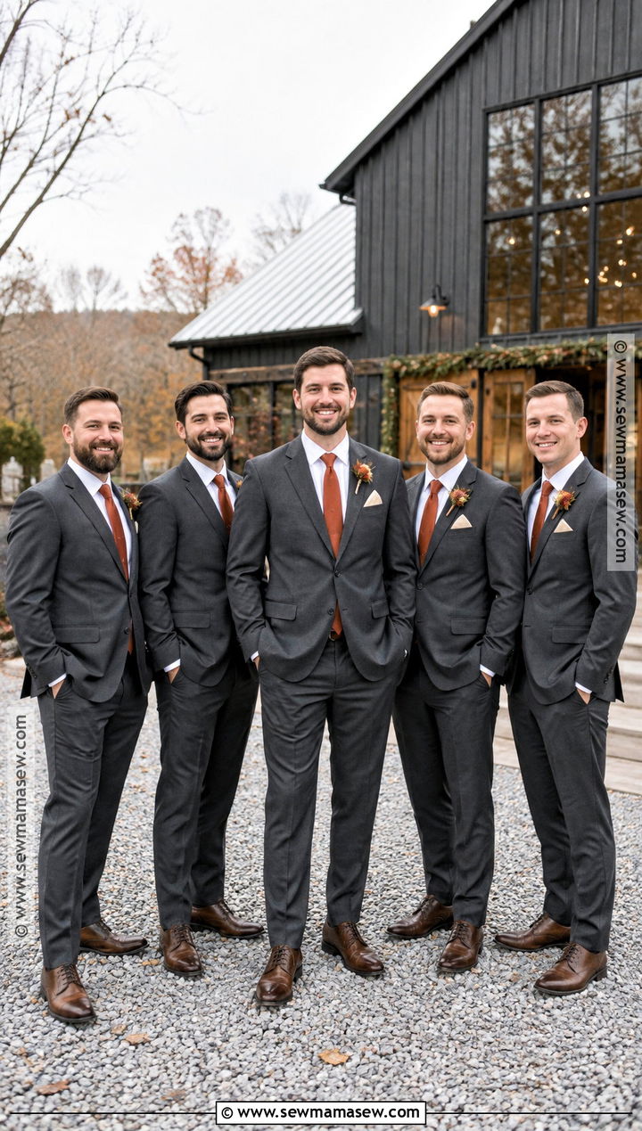 Charcoal Suit With Rust Tie - 15 november groomsmen attire ideas