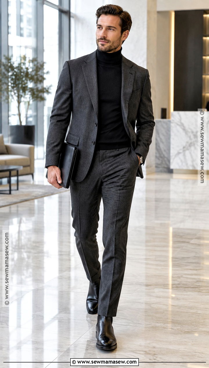 Charcoal Suit and Merino Turtleneck Fall Work Outfit - 15 fall work outfits for men