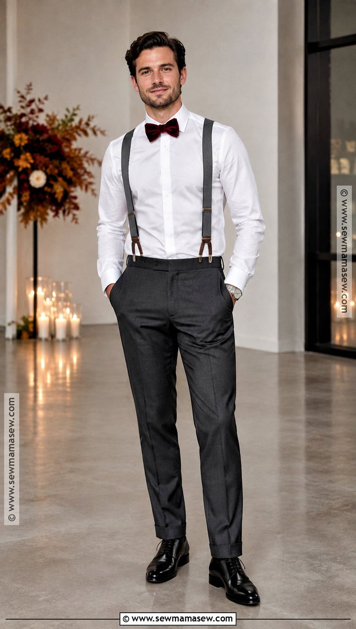 Charcoal Suspenders And Burgundy Bow Tie Outfit - 15 Fall Wedding Suspenders Bow Ties Ideas