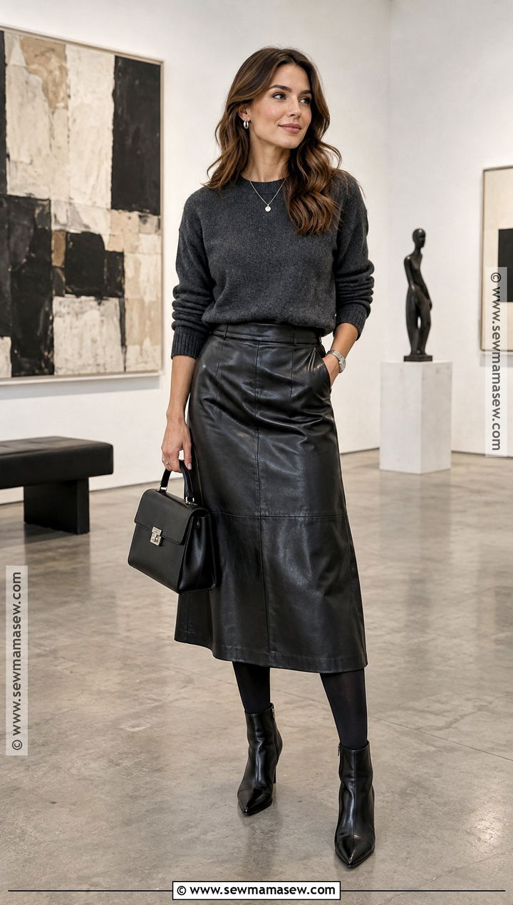 Charcoal Sweater And Black Leather Skirt Outfit - 25 dark fall outfits