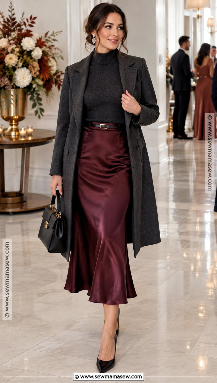 Charcoal Sweater And Satin Skirt - 15 casual wedding outfit guest fall ideas