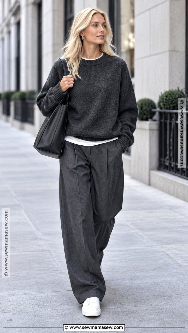 Charcoal Sweater And Wide Leg Pants Outfit For Blonde Hair - 15 blonde hair fall outfits