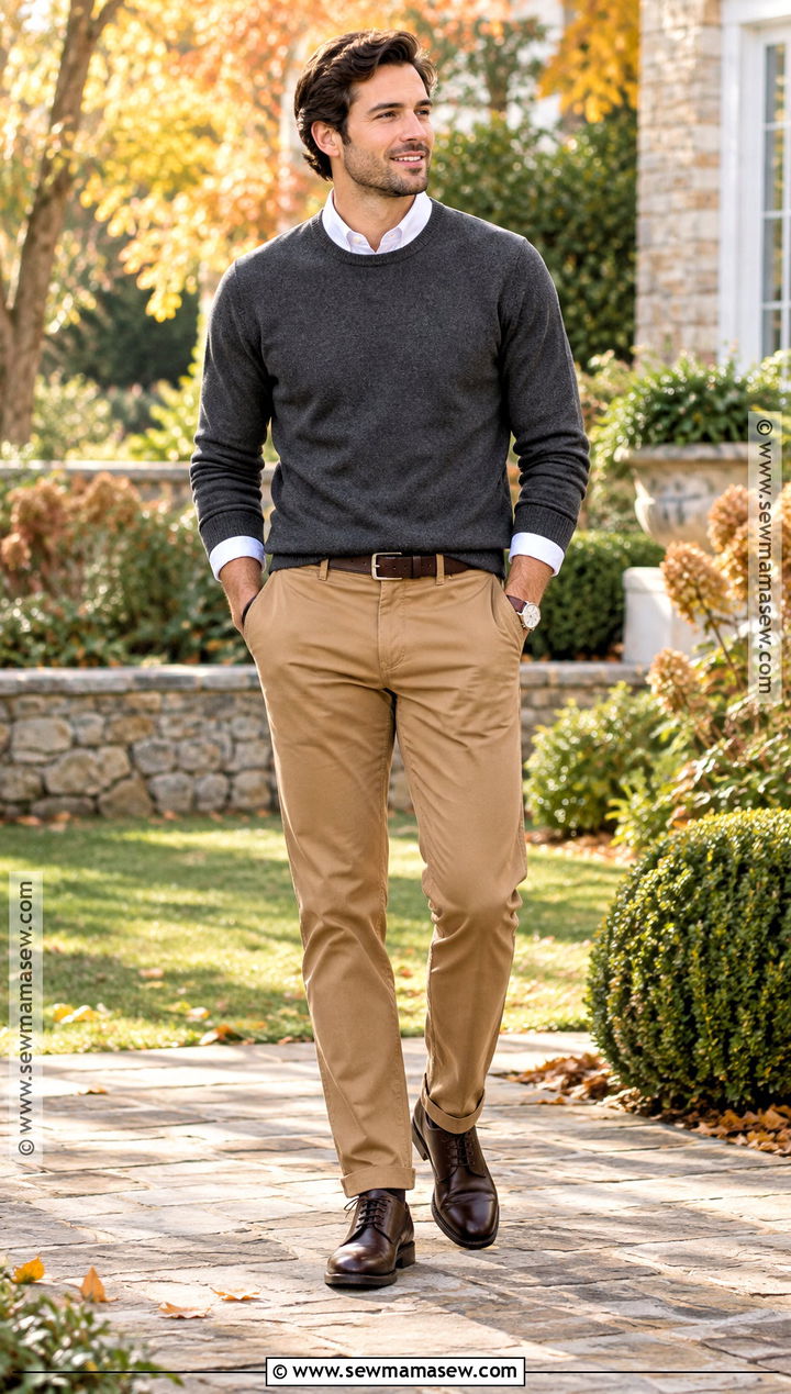 Charcoal Sweater With Camel Chinos - 15 fall family photo outfits for men