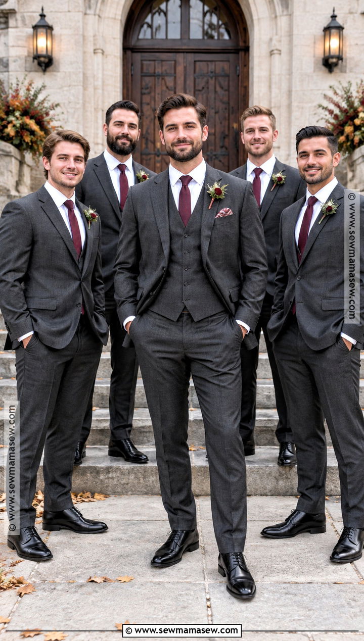 Charcoal Three Piece Groom Suit With Matching Groomsmen - 15 fall groom and groomsmen attire ideas