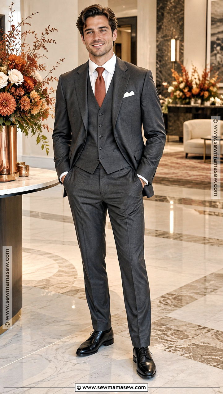 Charcoal Three Piece Groomsmen Suit With Rust Tie - 15 fall wedding party attire groomsmen ideas
