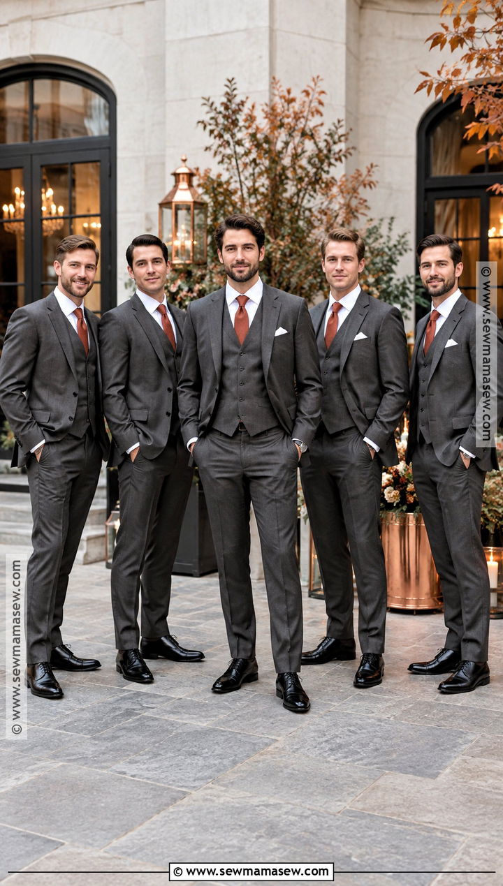 Charcoal Three Piece Groomsmen Suits With Rust Ties - 15 groomsmen attire autumn wedding ideas