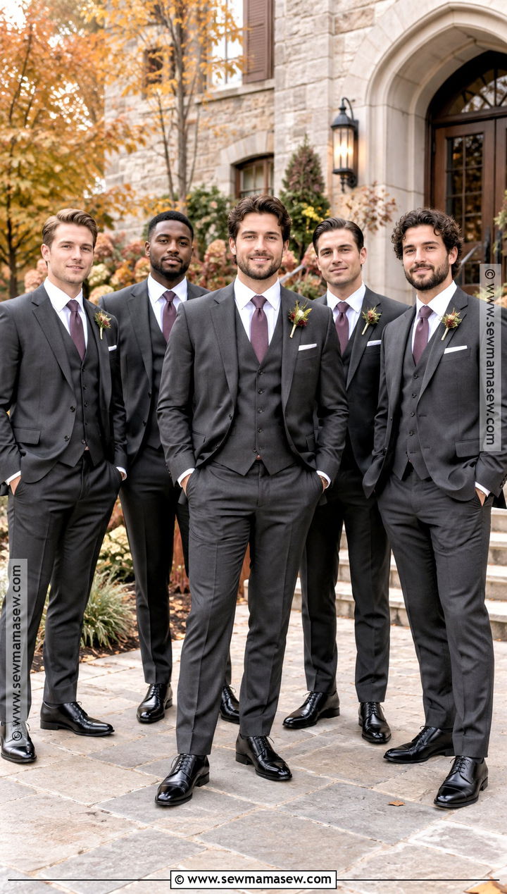 Charcoal Three Piece Groomsmen Suits for a Fall Wedding - 20 groomsmen attire fall wedding ideas