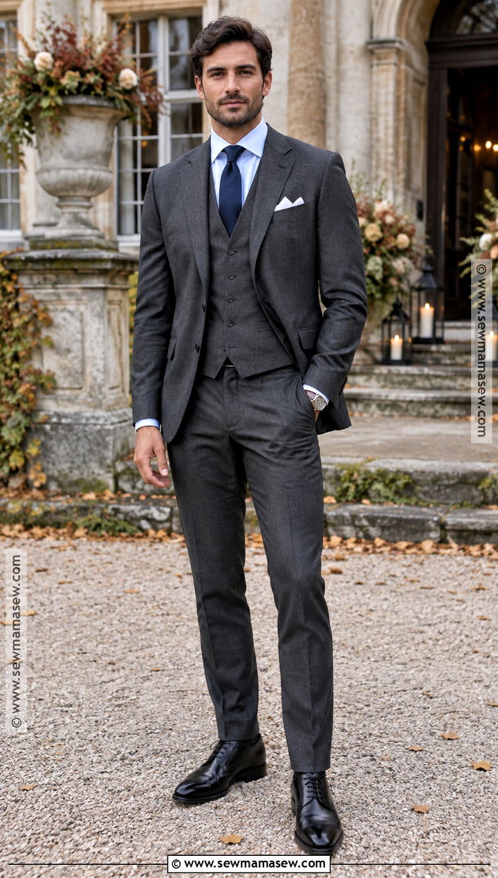 Charcoal Three Piece Suit Fall Wedding Guest Outfit - 20 mens fall wedding attire guest ideas