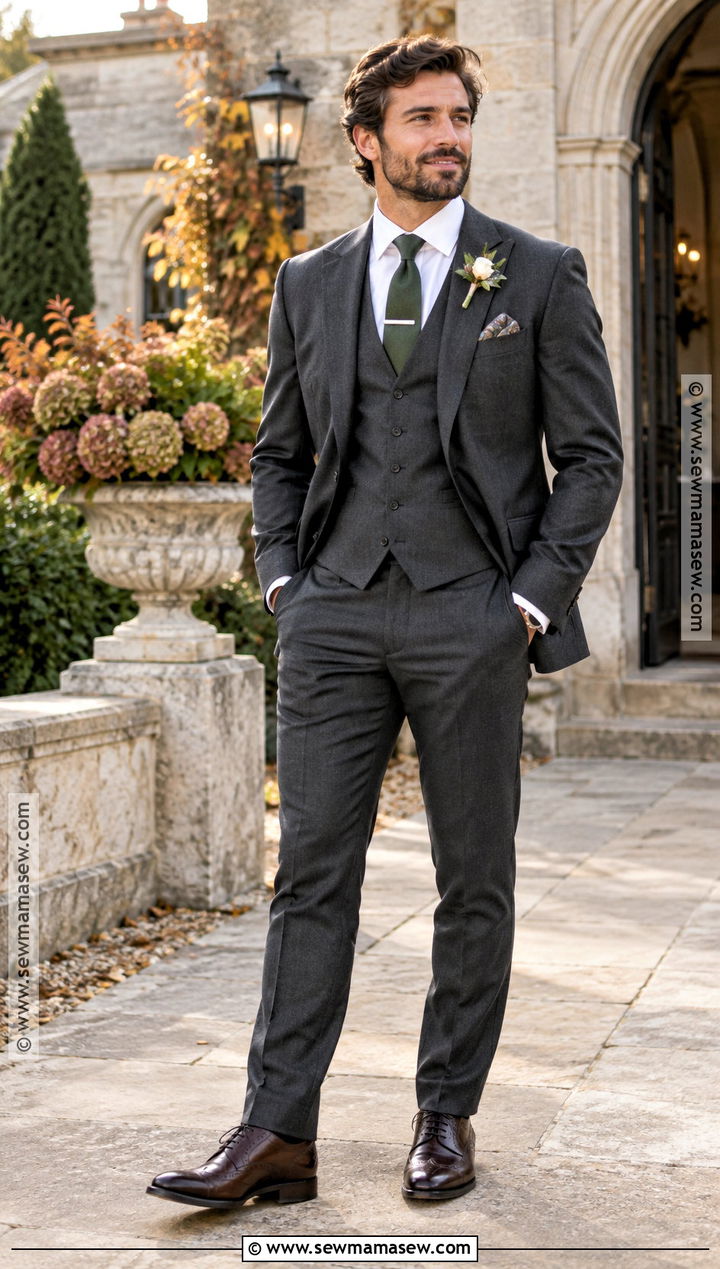 Charcoal Three Piece Suit Groom Outfit - 15 groom outfit fall wedding ideas