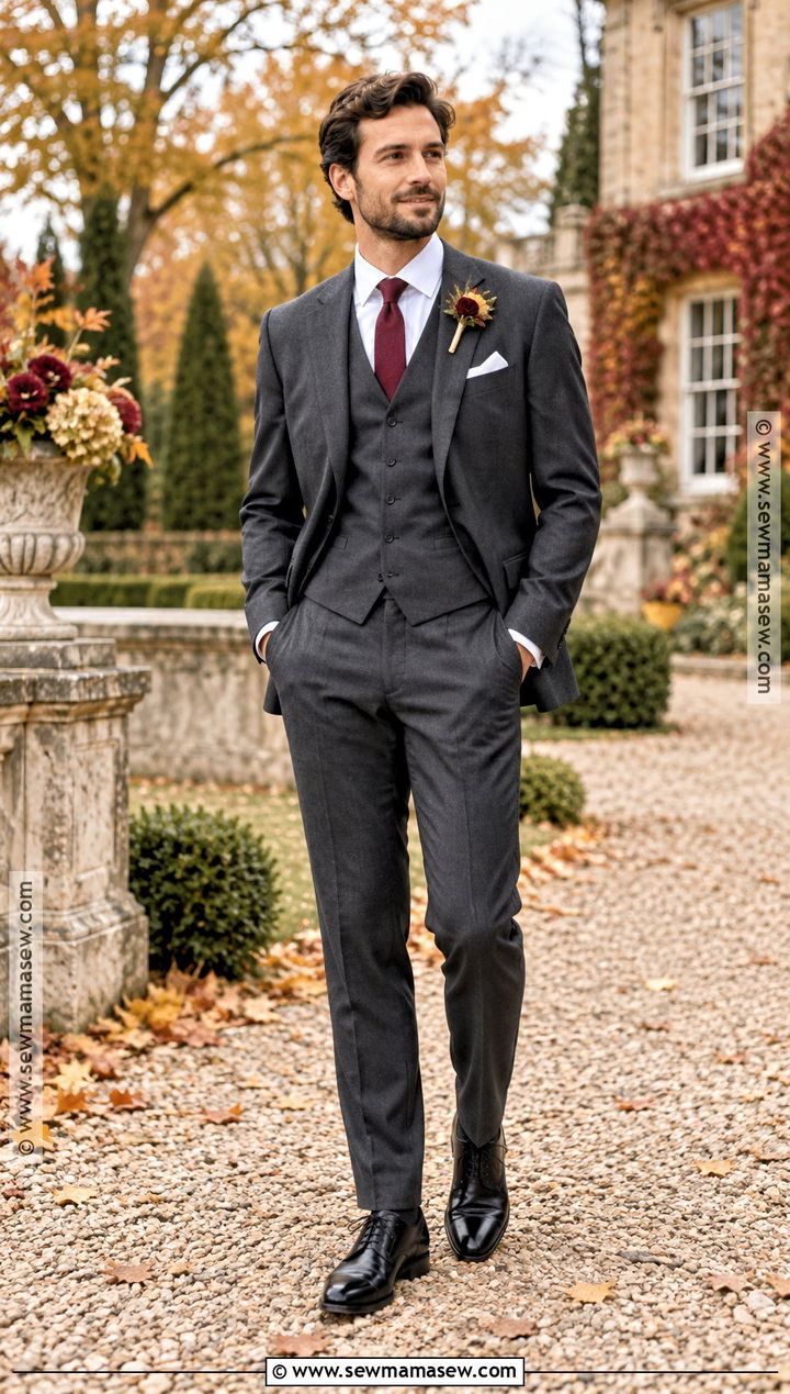 Charcoal Three Piece Suit With Burgundy Accessories - 15 fall outdoor wedding groom attire ideas