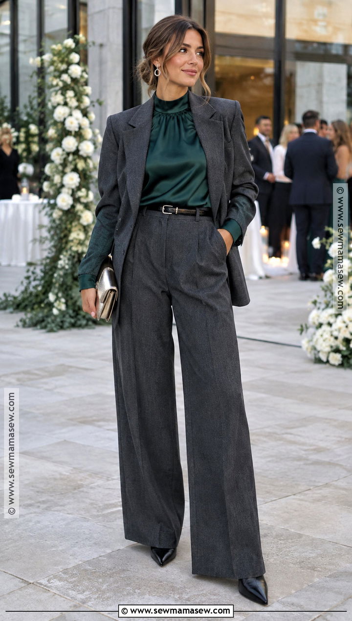 Charcoal Trousers And Satin Blouse Wedding Guest Outfit - 20 cold fall wedding guest outfit ideas