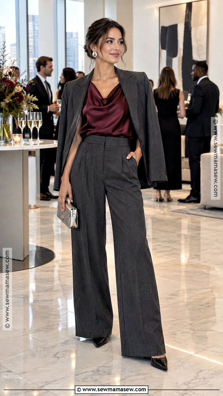 Charcoal Trousers And Satin Top Fall Cocktail Outfit - 20 fall cocktail outfit ideas