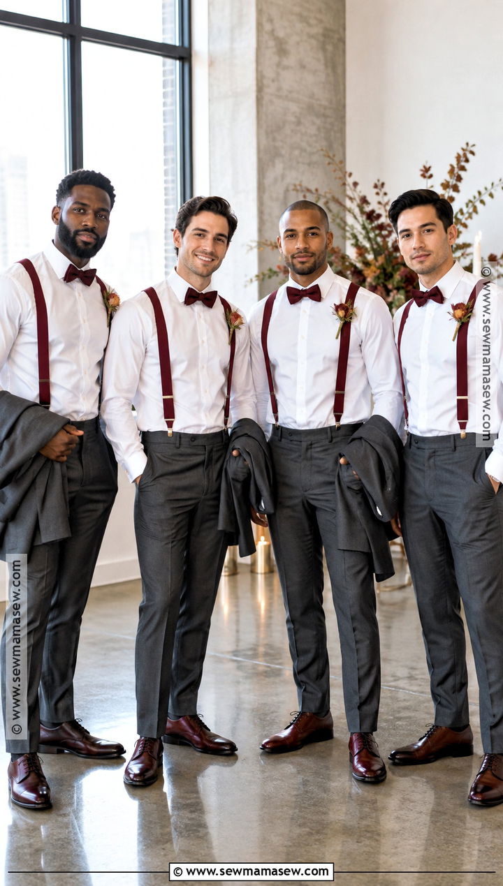 Charcoal Trousers With Burgundy Suspenders - 15 fall groomsmen attire suspenders ideas