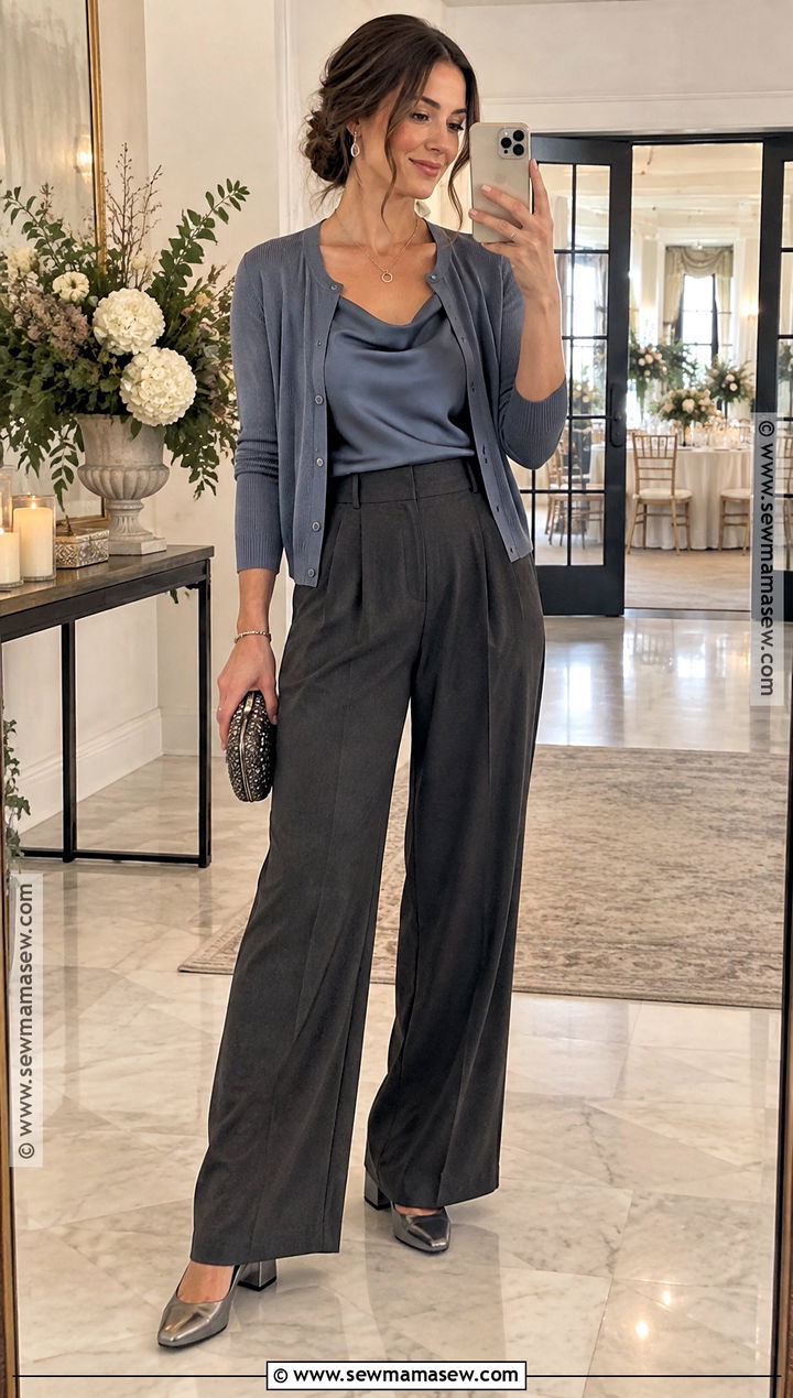 Charcoal Trousers With Satin Shell And Cardigan - 15 casual fall wedding outfit guest pants