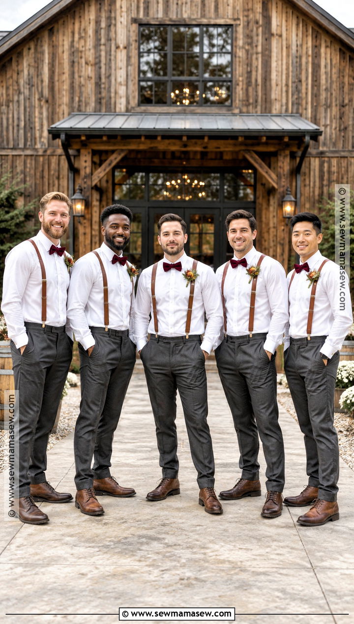 Charcoal Trousers and Leather Suspenders Groomsmen Attire - 15 casual fall groomsmen attire ideas