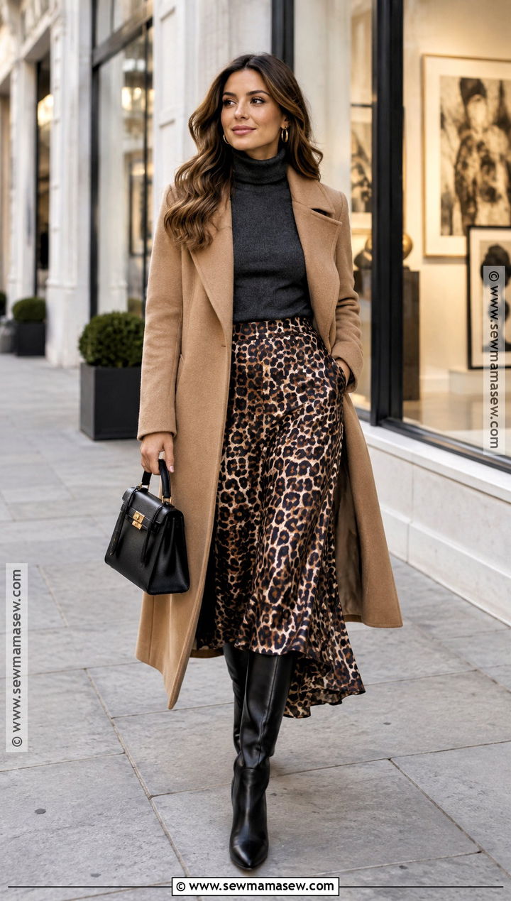 Charcoal Turtleneck Sweater And Leopard Midi Skirt - 15 autumn outfit ideas with sweaters