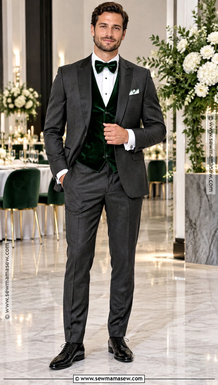 Charcoal Tuxedo With Forest Green Accessories - 15 fall wedding tux groom attire green ideas
