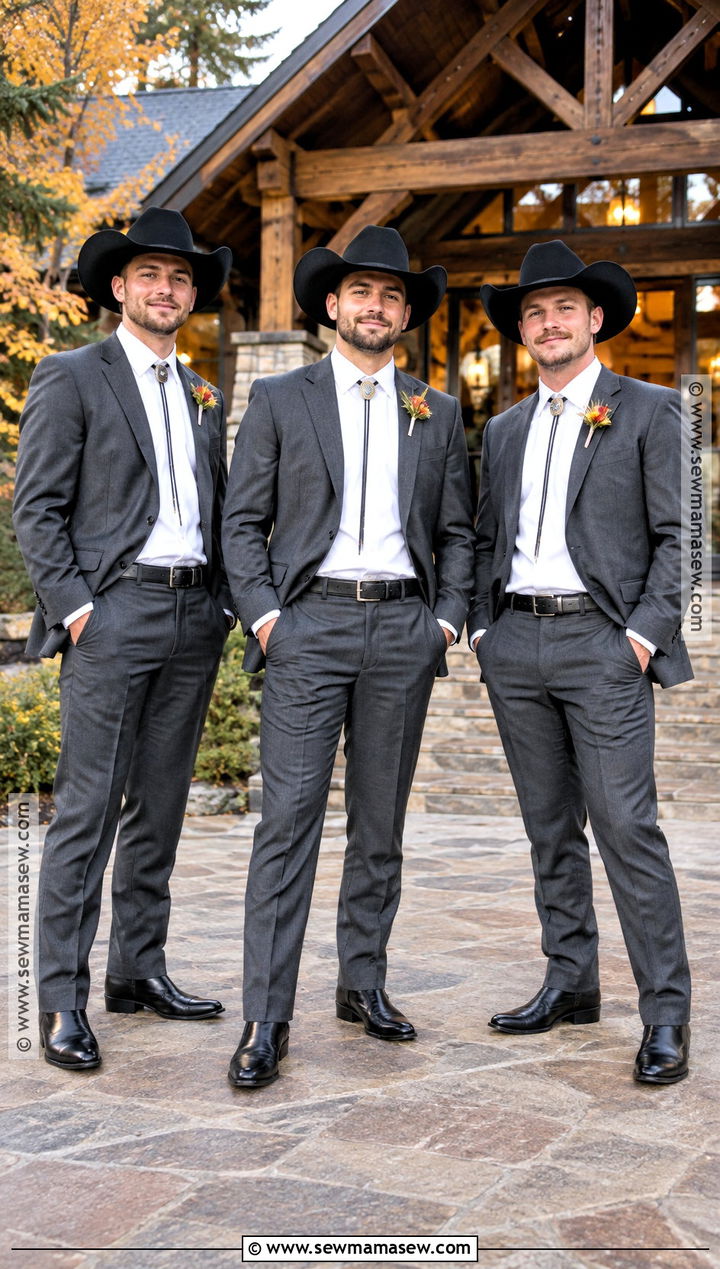 Charcoal Western Groomsmen Suits With Bolo Ties - 15 fall western groomsmen attire ideas