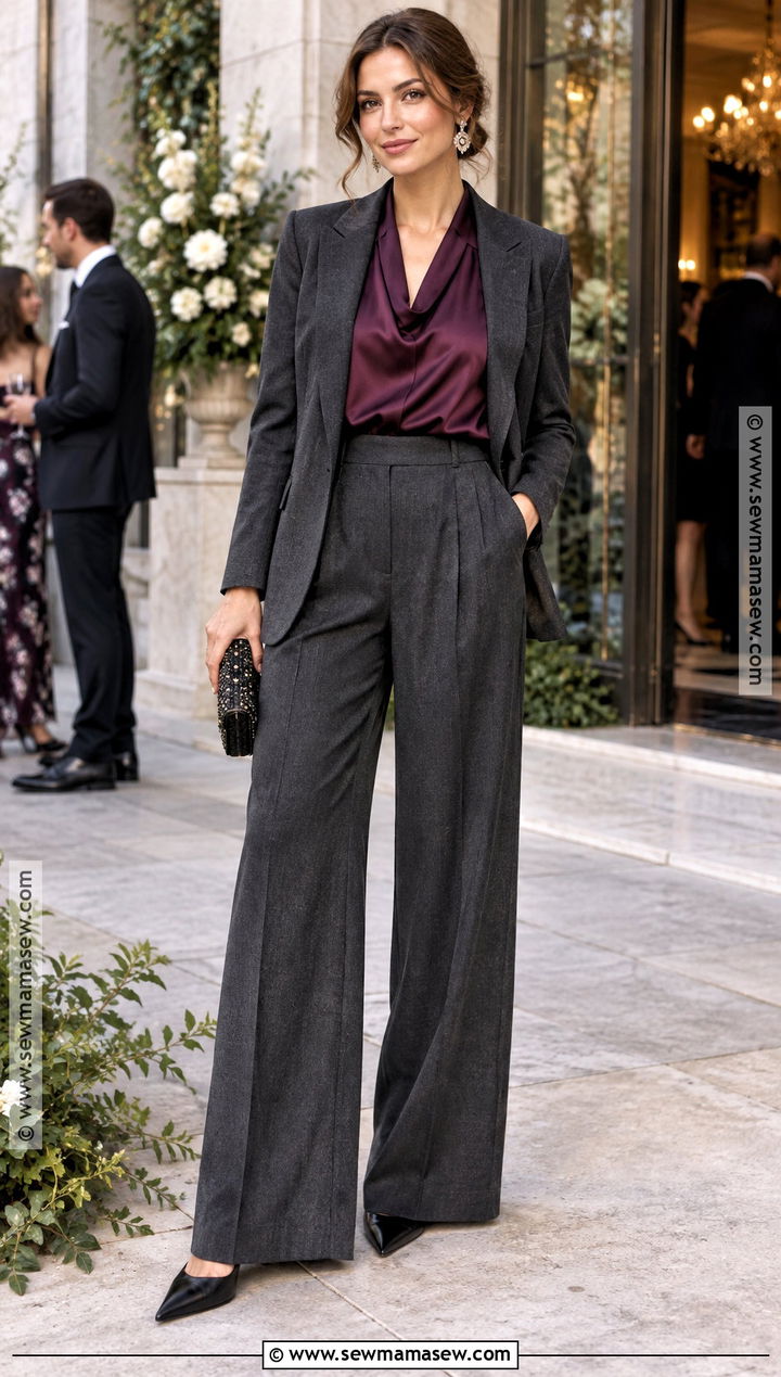 Charcoal Wide Leg Pants Autumn Wedding Guest Outfit - 25 autumn wedding guest outfit ideas