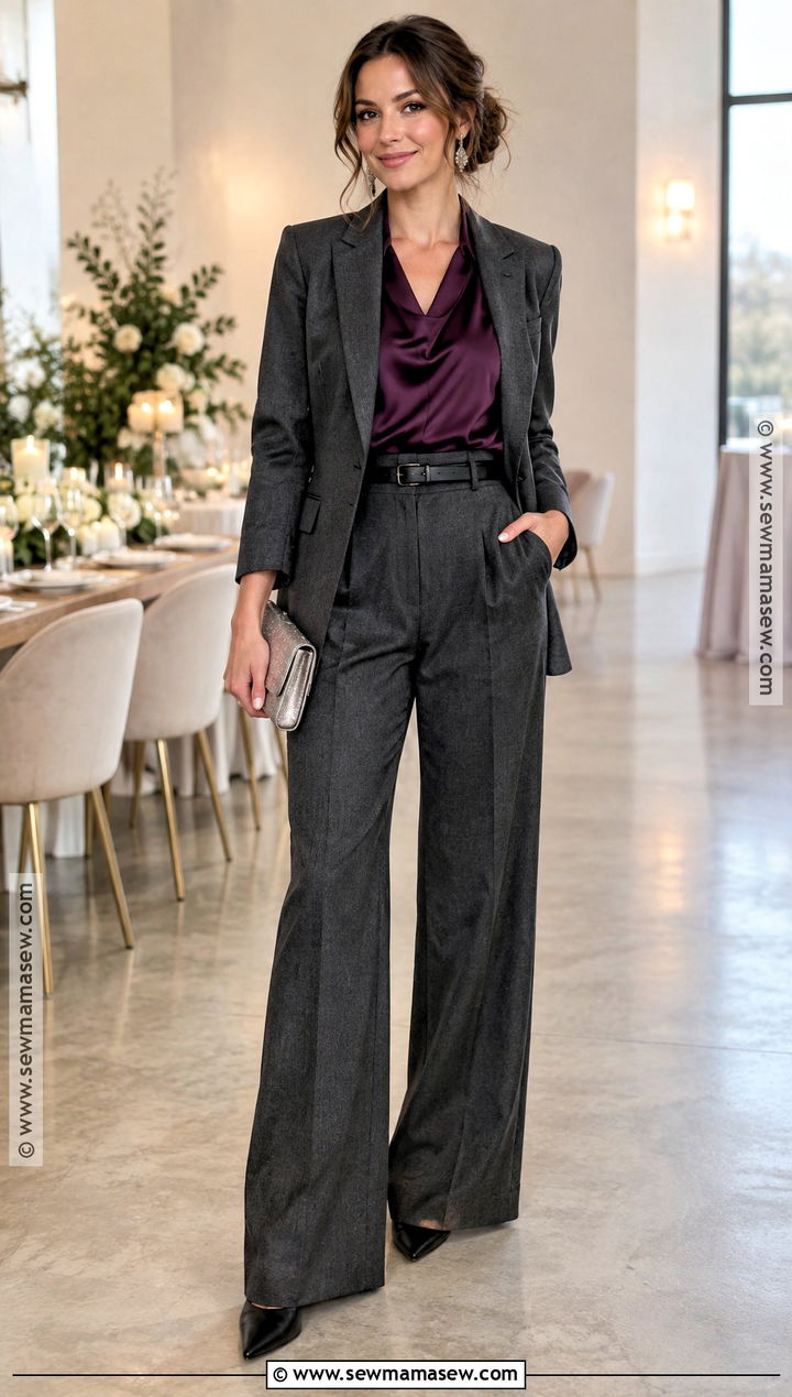 Charcoal Wide Leg Trouser Wedding Guest Outfit - 20 wedding guest autumn outfit ideas