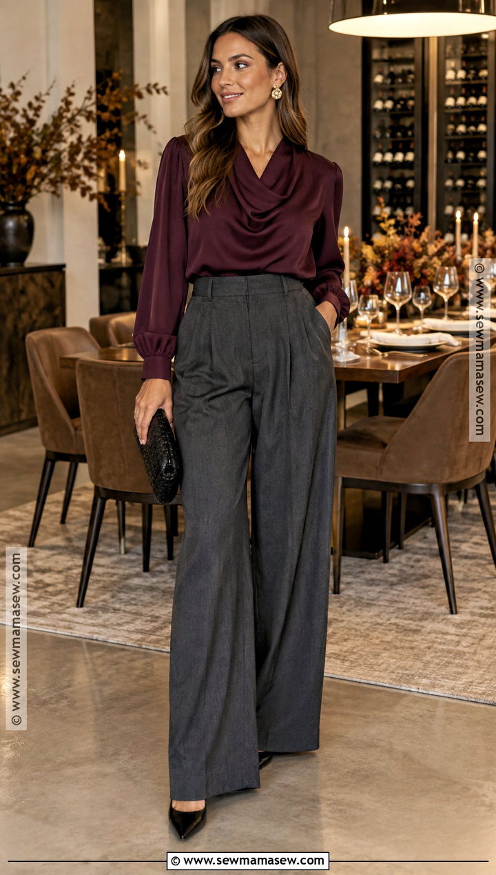 Charcoal Wide Leg Trousers With a Draped Blouse - 20 fall rehearsal dinner outfit ideas