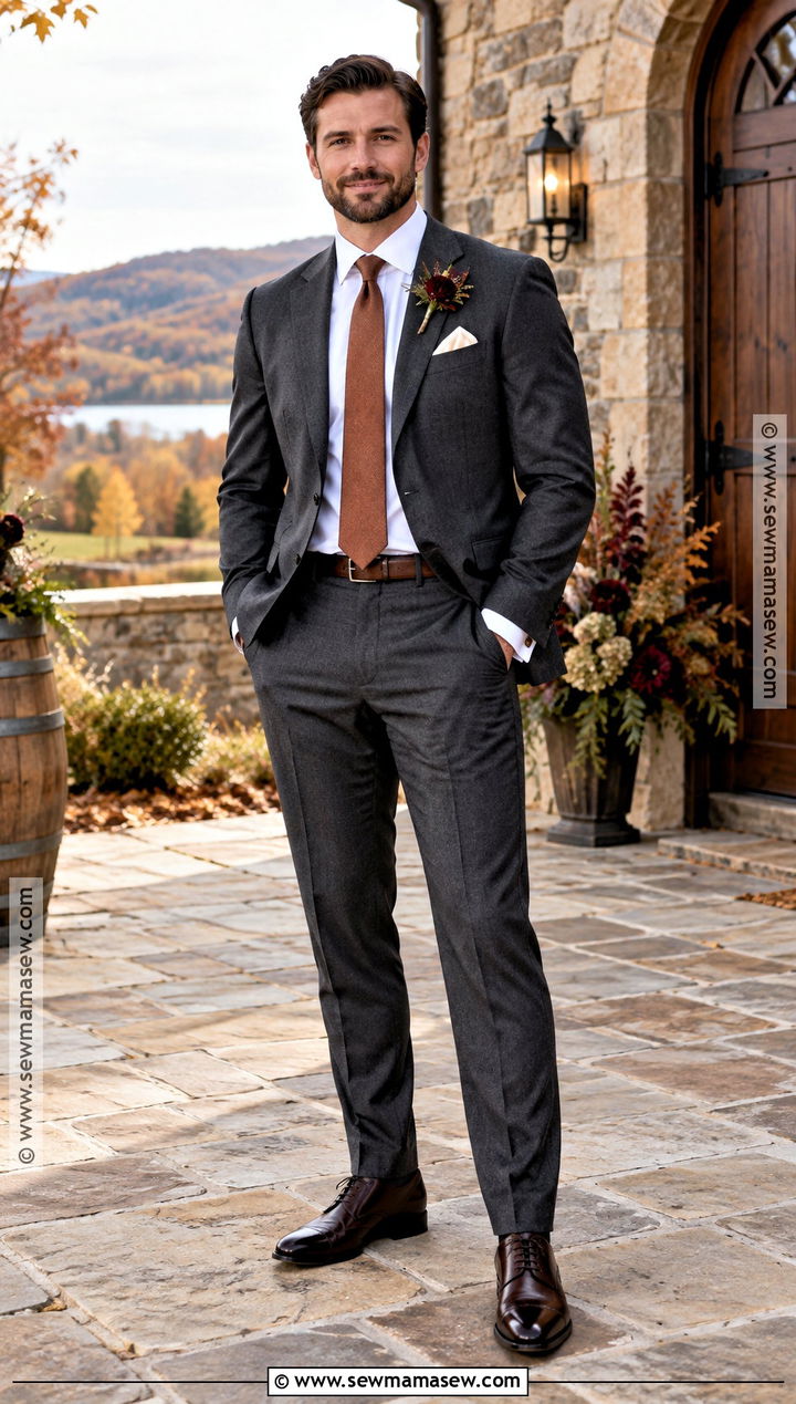 Charcoal Wool Suit Groom Attire - 15 fall country wedding groom attire ideas