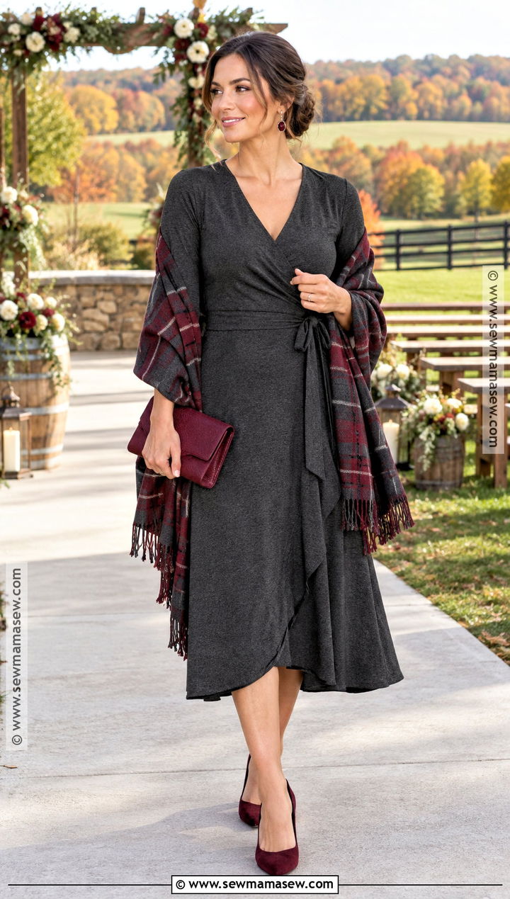 Charcoal Wrap Dress With Burgundy Accessories - 20 Fall Farm Wedding Guest Attire Ideas