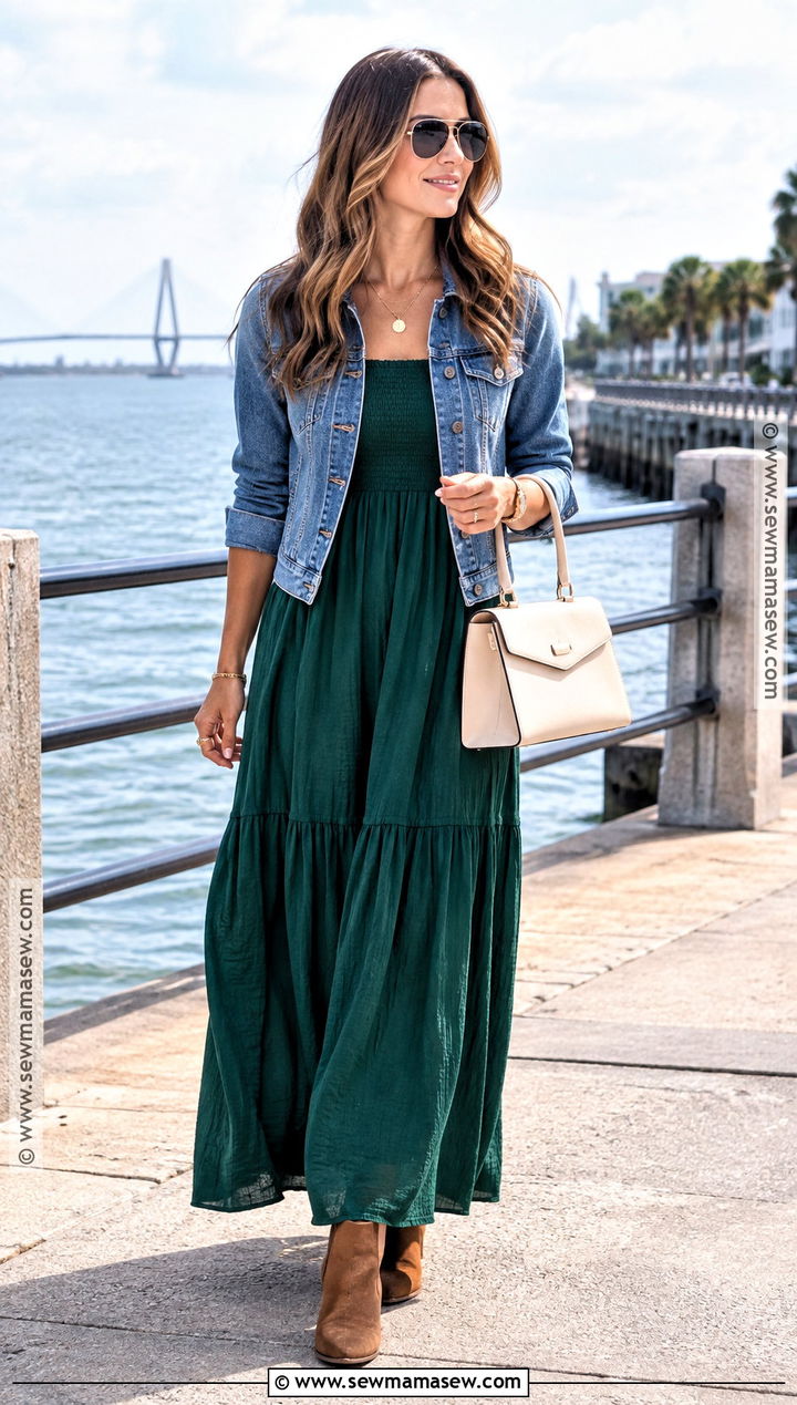 Charleston Fall Maxi Dress And Denim Jacket Outfit - 20 Charleston Fall Outfits