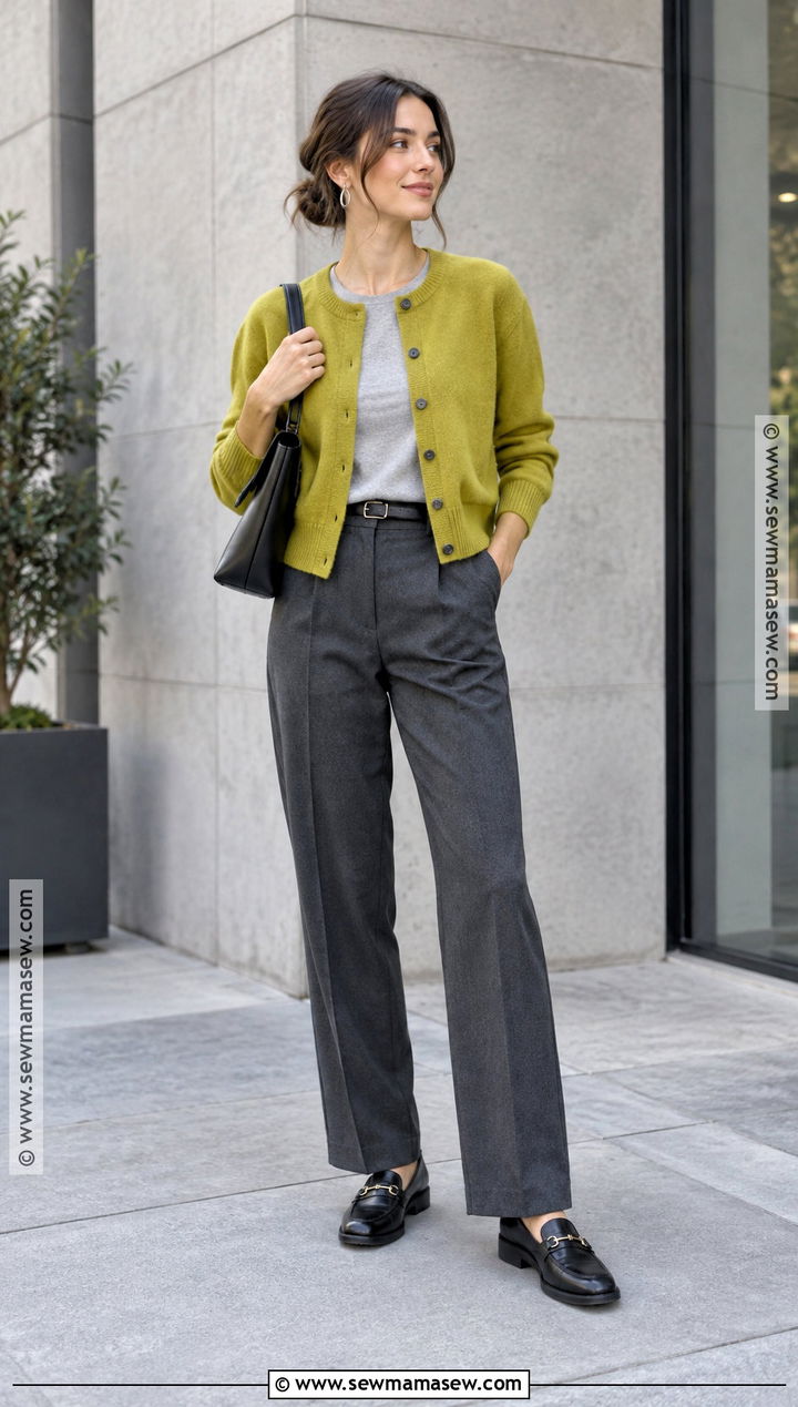 Chartreuse Cardigan And Gray Trouser Fall Outfit - 25 fall style trends