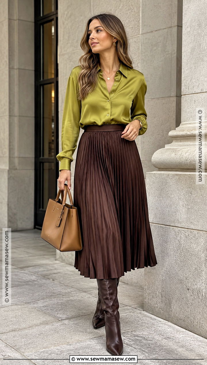 Chartreuse Shirt and Brown Midi Skirt Outfit - 15 Fall Fashion Color Guide Ideas