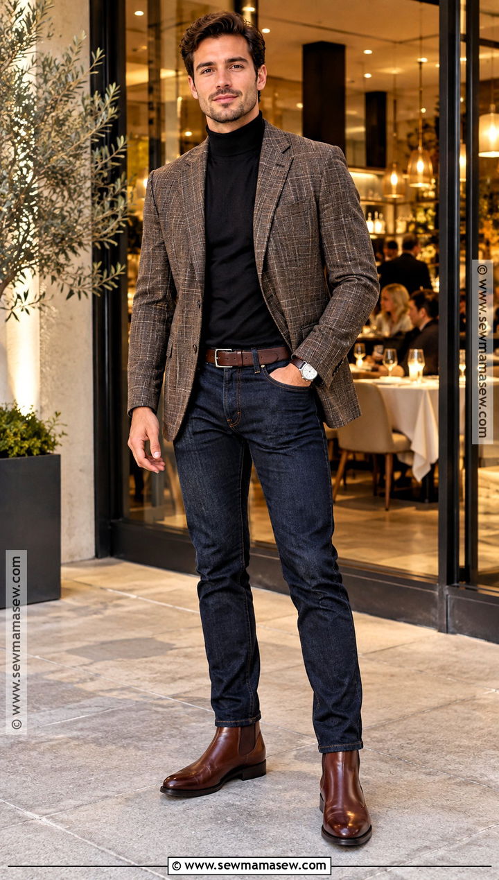 Check Blazer With Roll Neck And Dark Jeans - 15 Mens Smart Casual Outfits Autumn