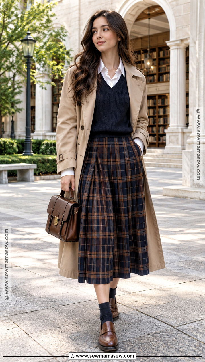 Check Midi Skirt With Sweater Vest And Button Down Shirt - 25 fall midi skirt outfit ideas