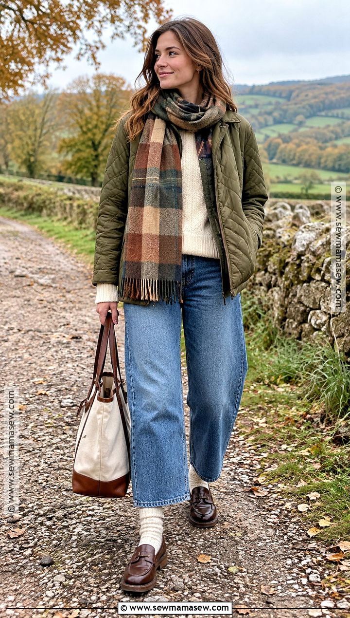 Check Scarf With Quilted Jacket Barrel Jeans And Loafers - 20 autumn scarf outfit ideas