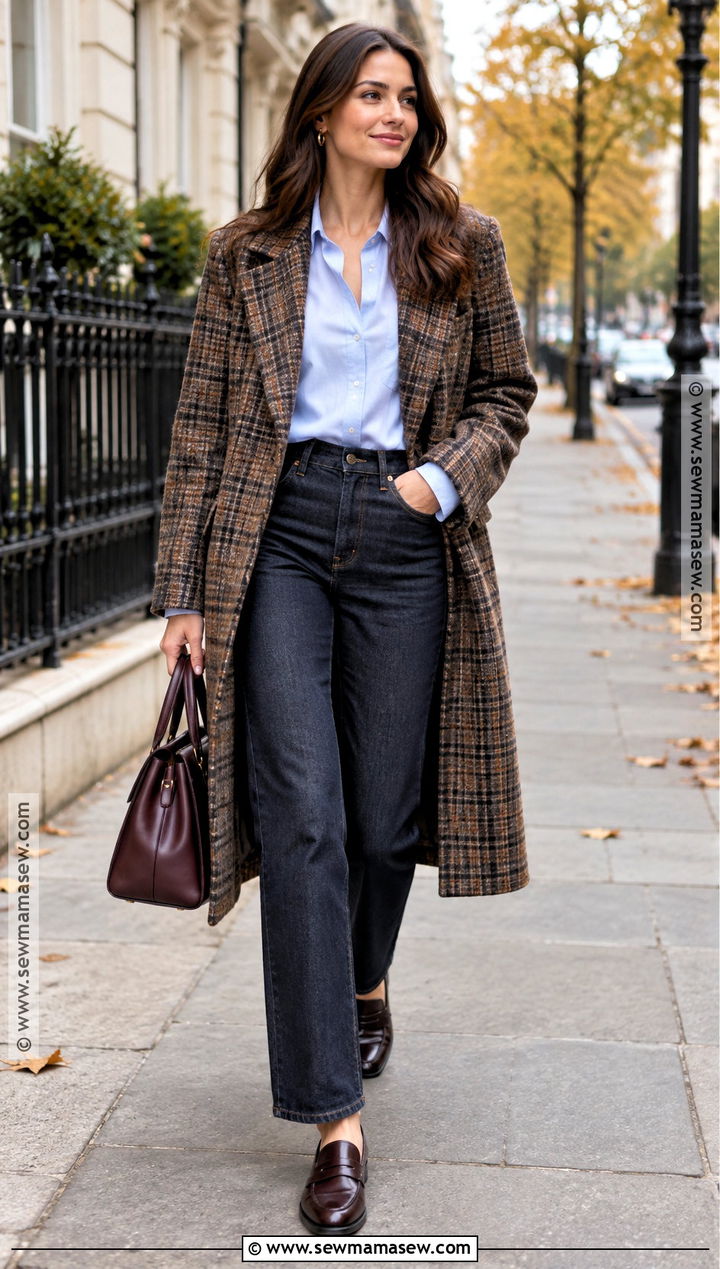 Checked Coat And Dark Denim Autumn Outfit - 25 classy autumn outfits