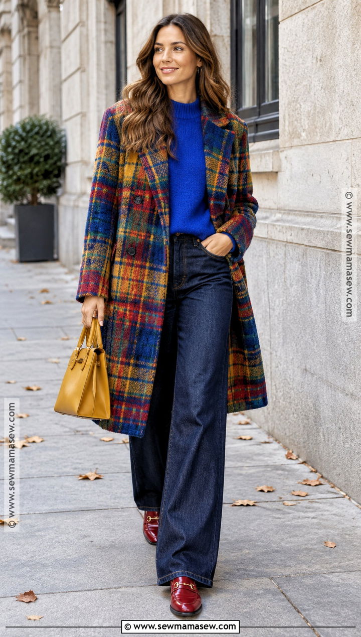 Checked Coat and Cobalt Knit Autumn Outfit - 25 colourful autumn outfits