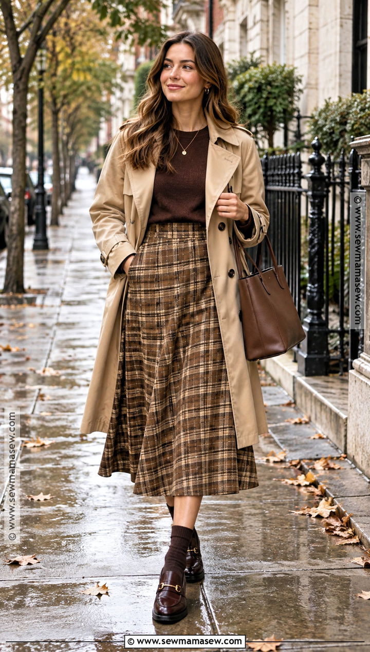 Checked Midi Skirt With Trench Coat And Loafers - 20 Autumn Outfits Skirts