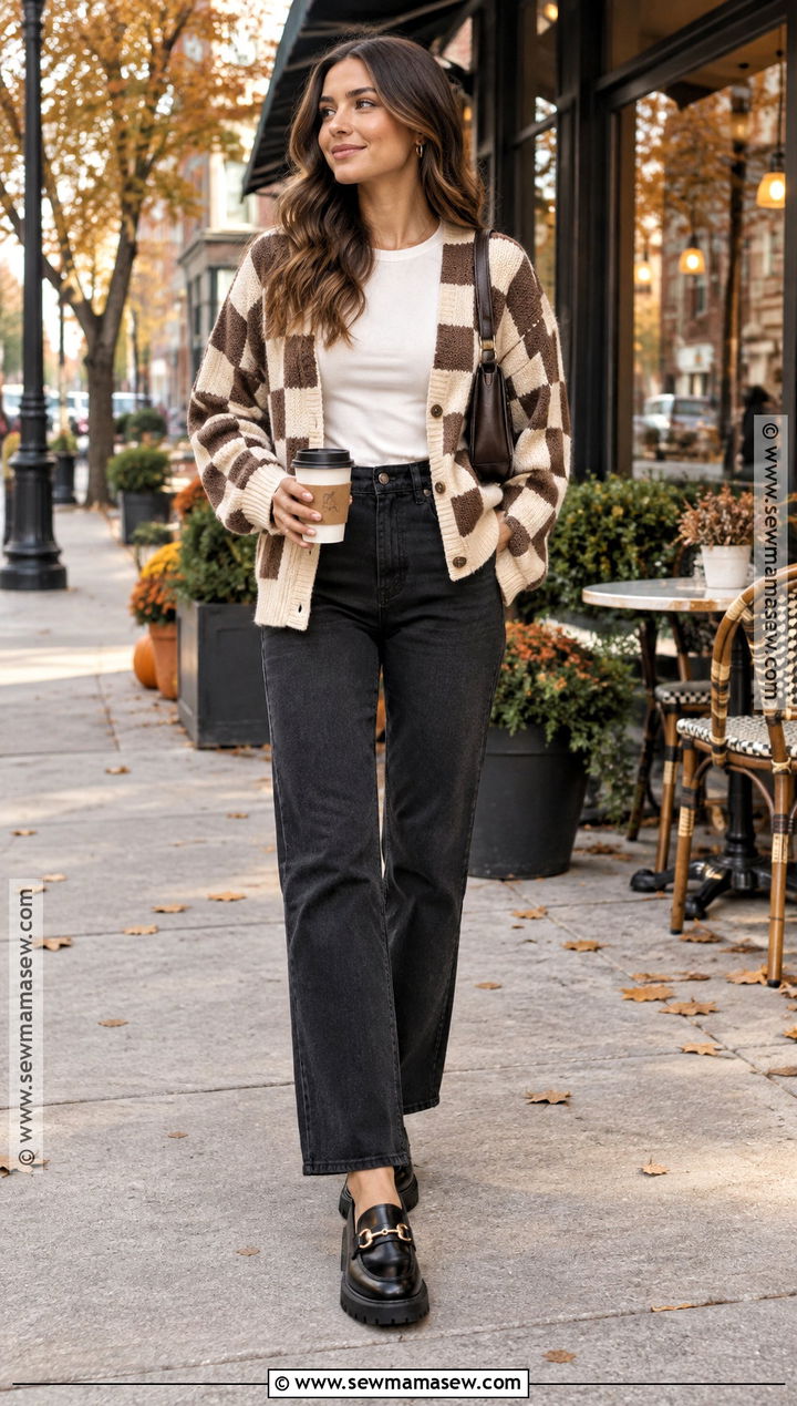 Checkerboard Cardigan And Black Jeans Outfit - 15 Autumn Fashion Patterns Ideas