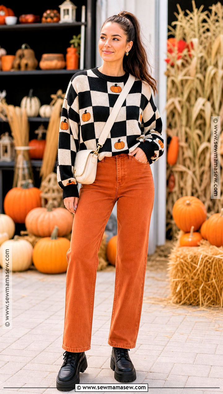 Checkerboard Halloween Sweater With Orange Jeans - 35 halloween sweater ideas