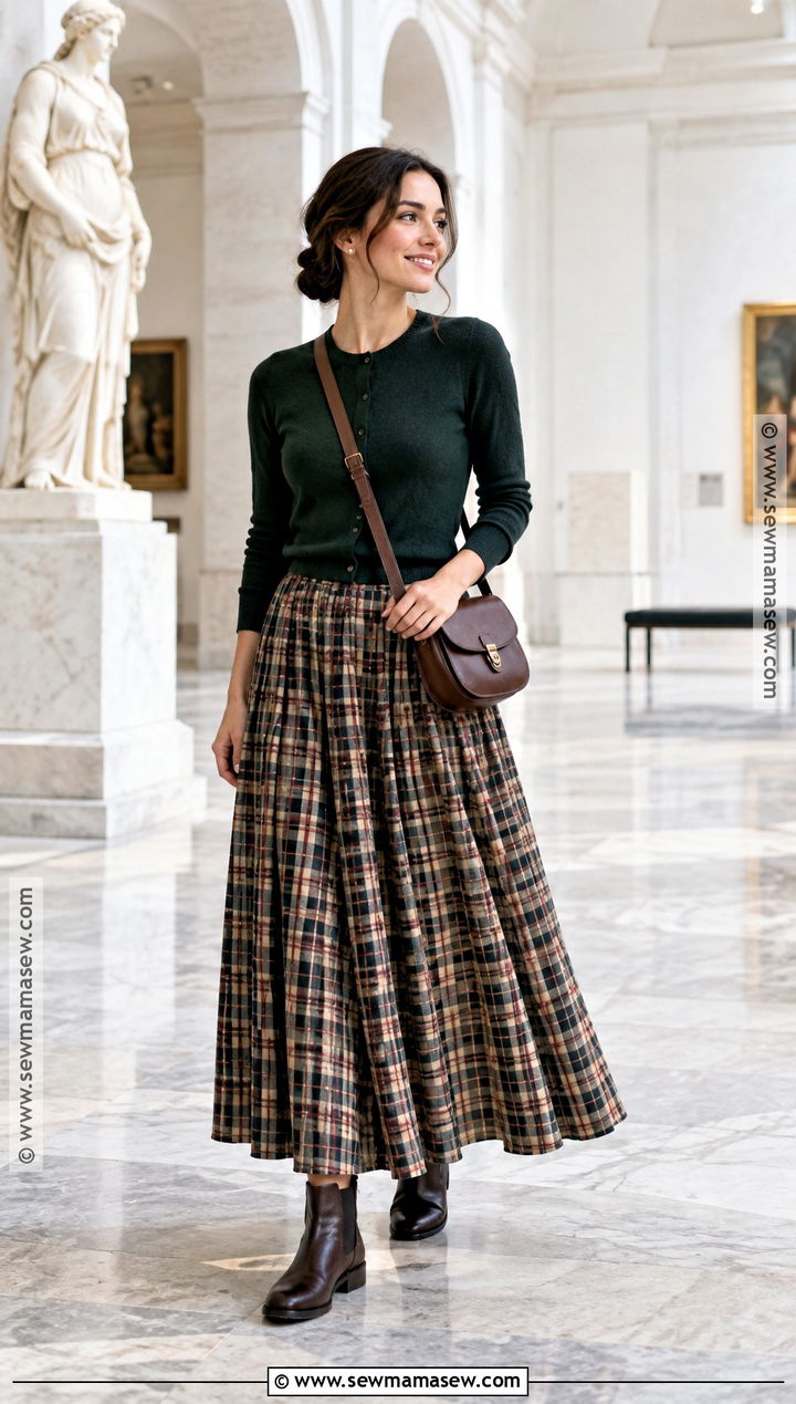 Checkered Maxi Skirt With Cardigan and Chelsea Boots - 15 checkered skirt fall fashion ideas