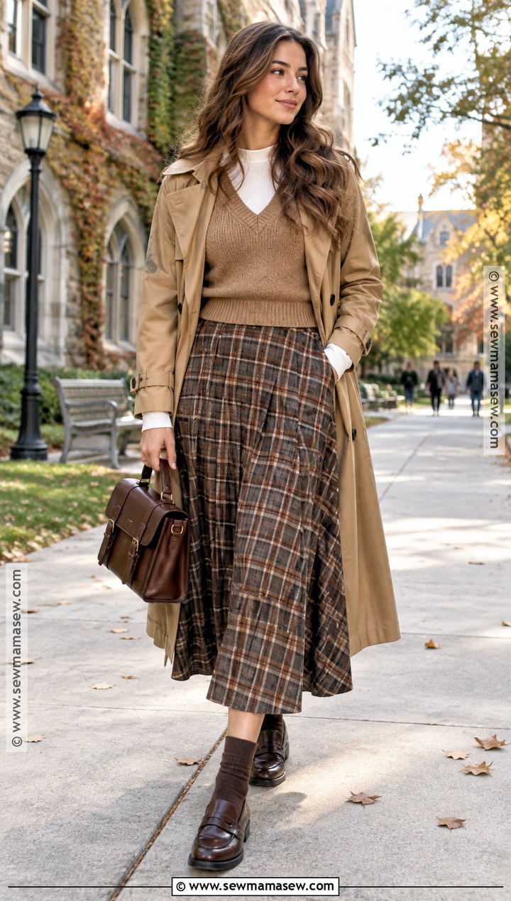 Checkered Maxi Skirt With Vest And Long Sleeve Top - 25 fall maxi skirt outfits