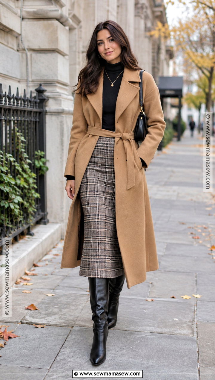 Checkered Midi Skirt With Turtleneck and Knee High Boots - 15 checkered skirt fall fashion ideas