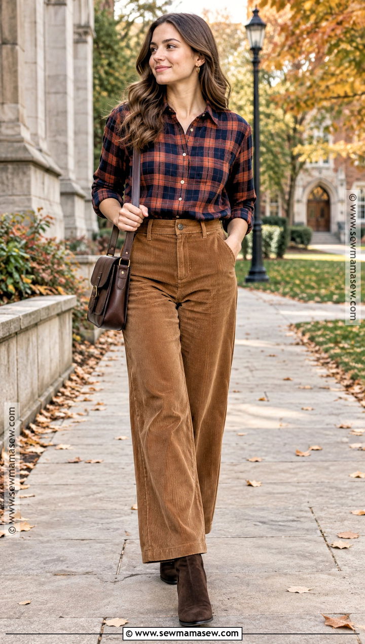 Checkered Shirt With Corduroy Pants - 15 checkered shirt fall fashion ideas