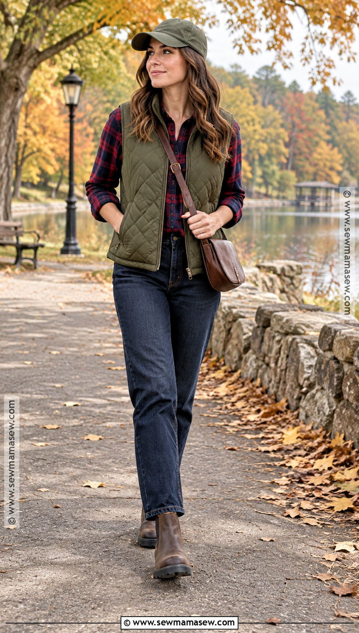 Checkered Shirt With a Quilted Vest - 15 checkered shirt fall fashion ideas